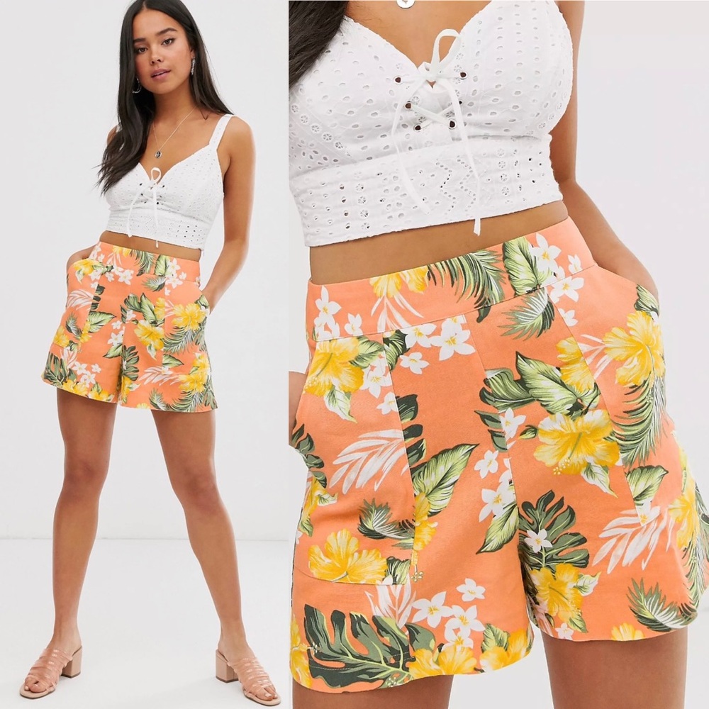 ASOS Miss Selfridge Linen Shorts Hawaiian Print High Waist Orange Size 4 Small